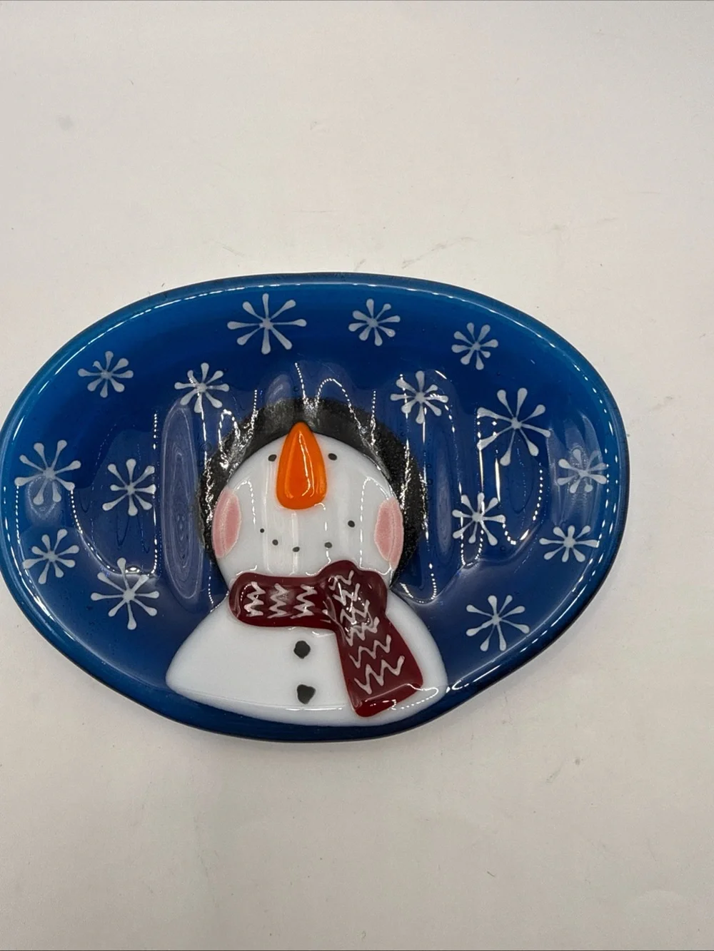 Blue Snowman Fused Glass Soap Dish - Holiday Decor